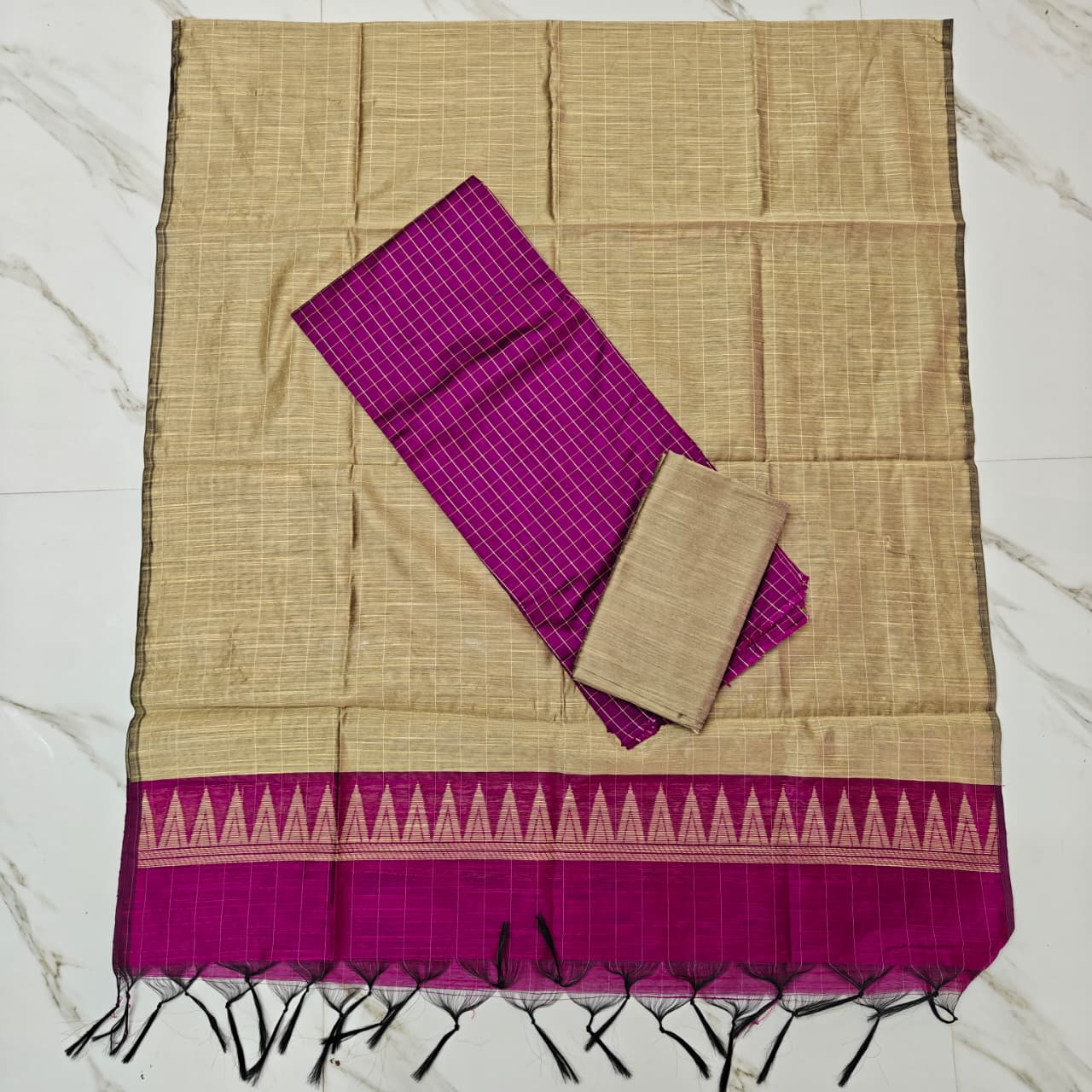 Premium Raw Silk Stripe Dupatta Set - Beige and Magenta