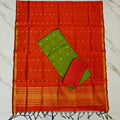 Raw Silk & Jacquard Dupatta Ensemble - Orange & Olive green