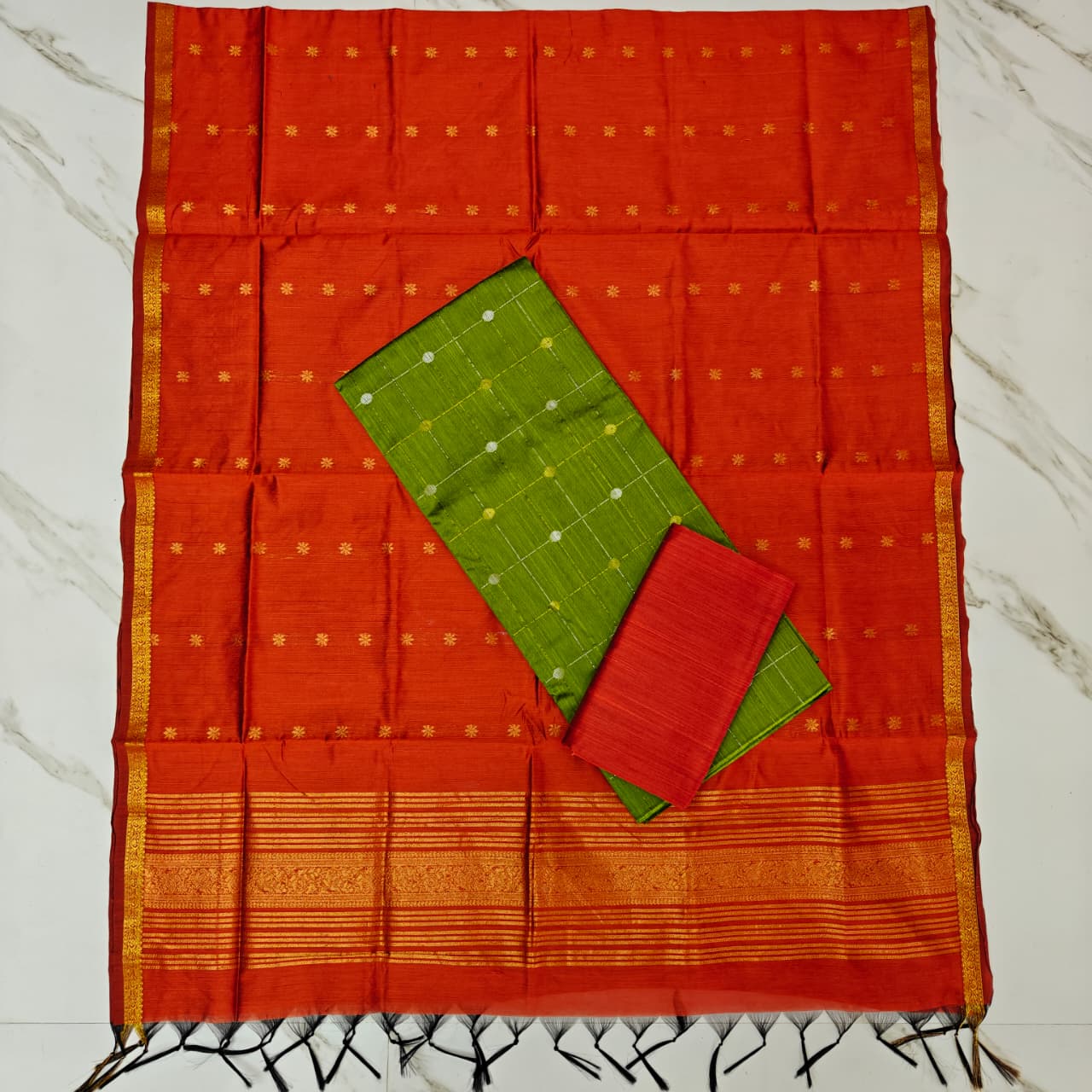 Raw Silk & Jacquard Dupatta Ensemble - Orange & Olive green