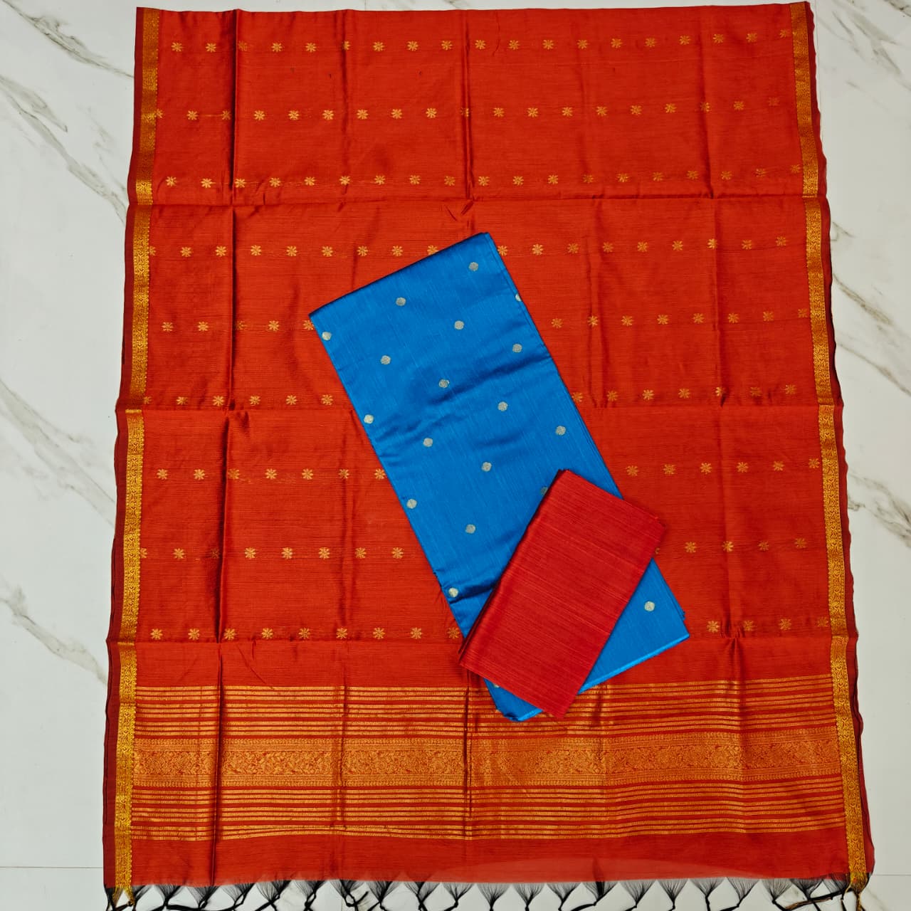 Raw Silk & Jacquard Dupatta Ensemble - Orange & Sly blue