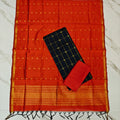 Raw Silk & Jacquard Dupatta Ensemble - Orange & Navy blue