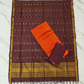 Raw Silk & Jacquard Dupatta Ensemble - Brown & Orange