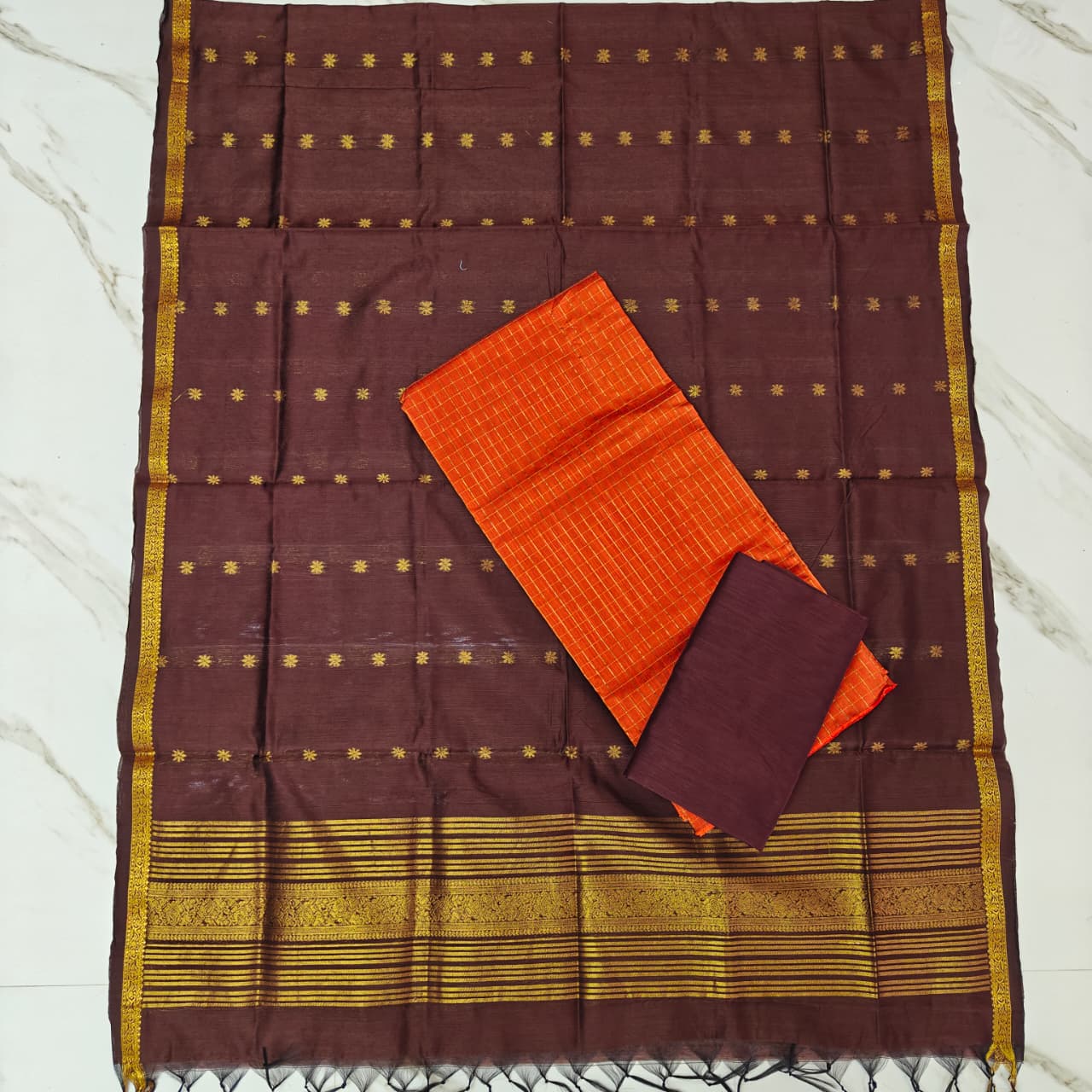 Raw Silk & Jacquard Dupatta Ensemble - Brown & Orange