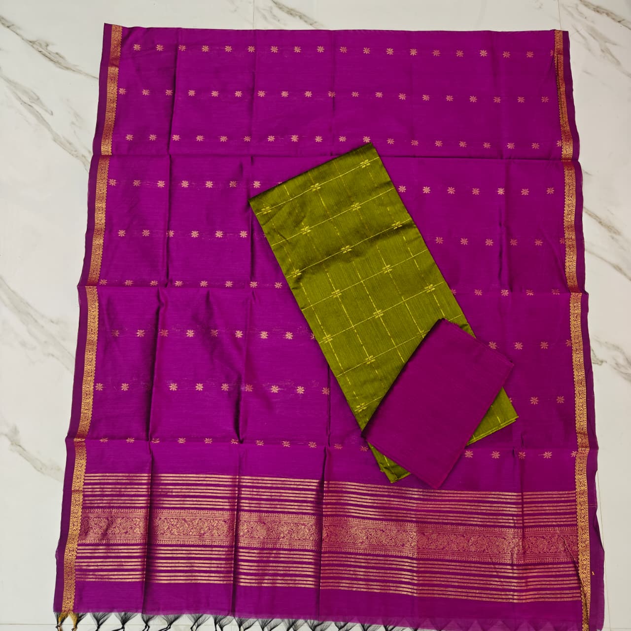 Raw Silk & Jacquard Dupatta Ensemble - Magenta & Olive green