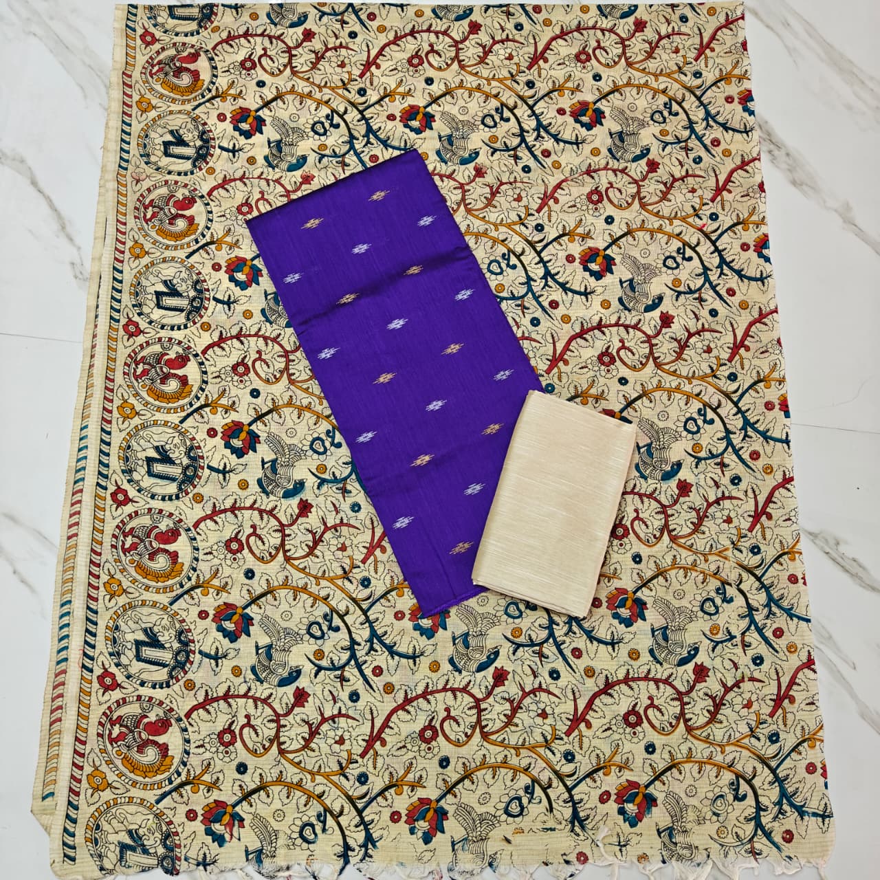 Madhubani Dupatta & Raw Silk Set - Violet and Beige