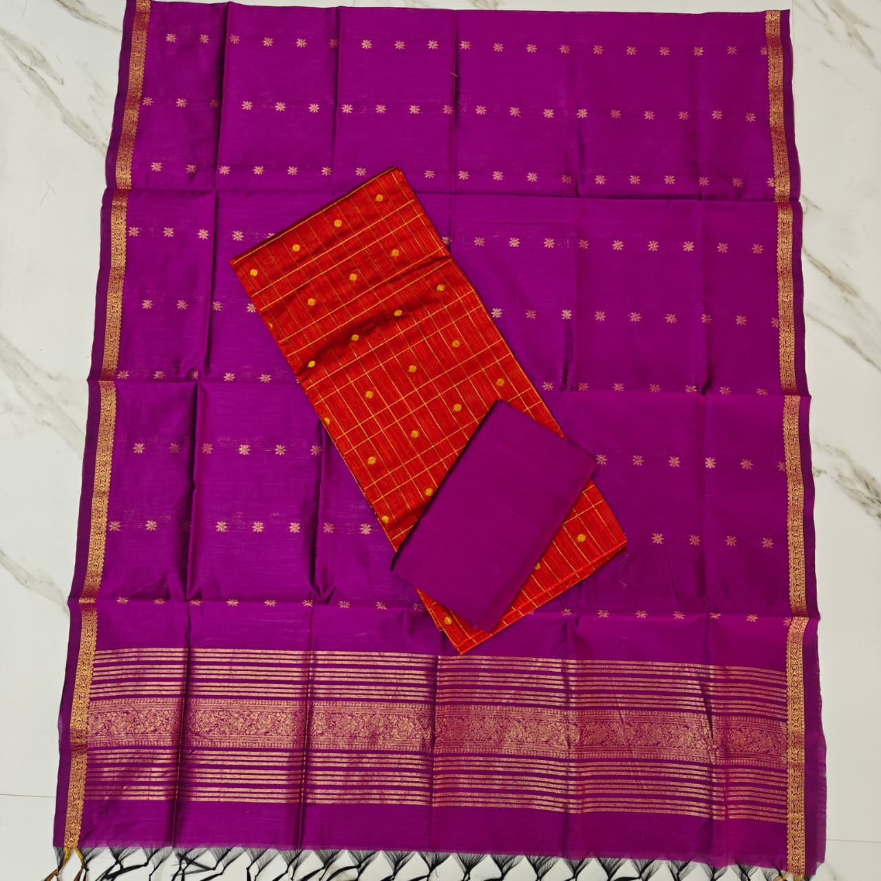 Raw Silk & Jacquard Dupatta Ensemble - Magenta & Orange