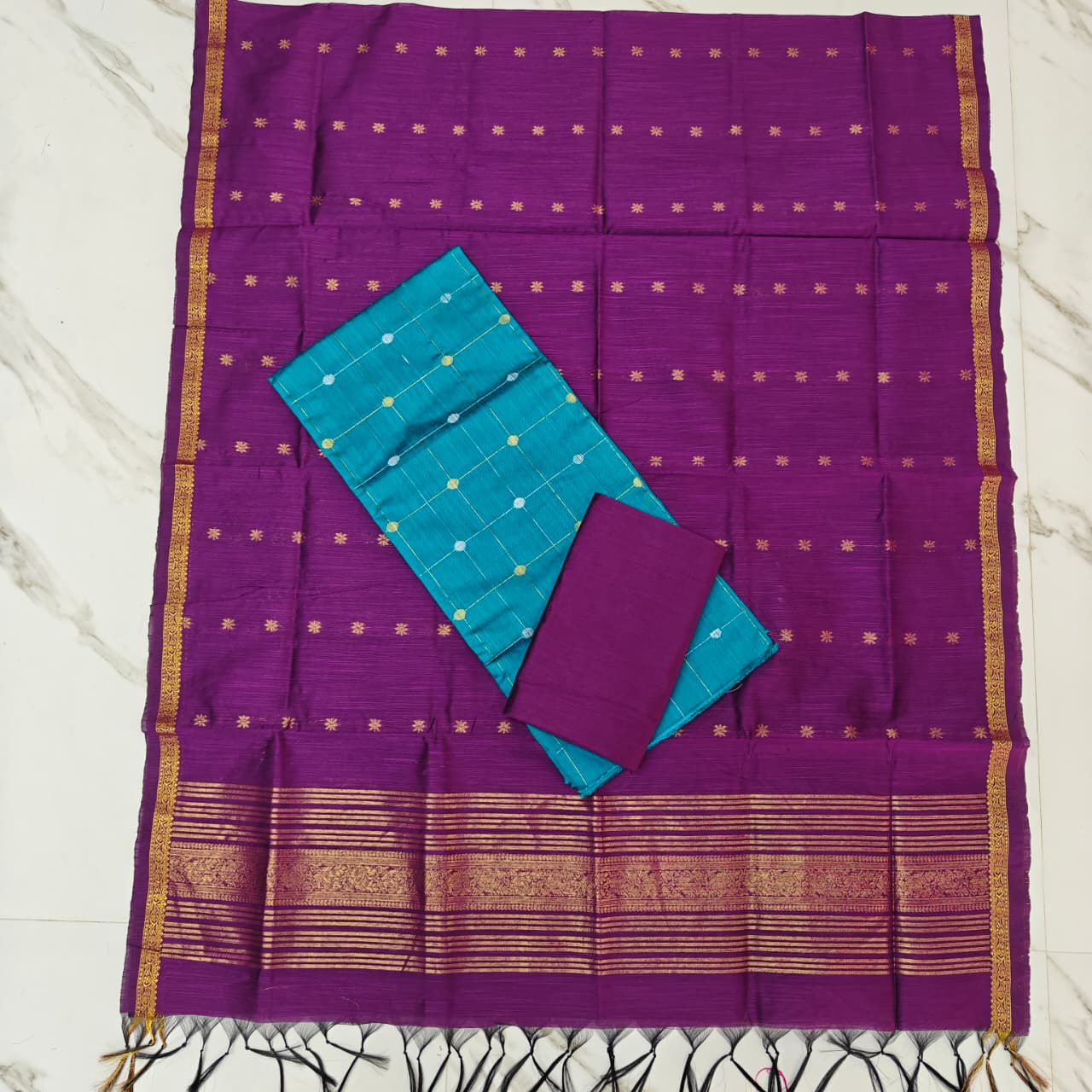 Raw Silk & Jacquard Dupatta Ensemble - Wine & Rama blue