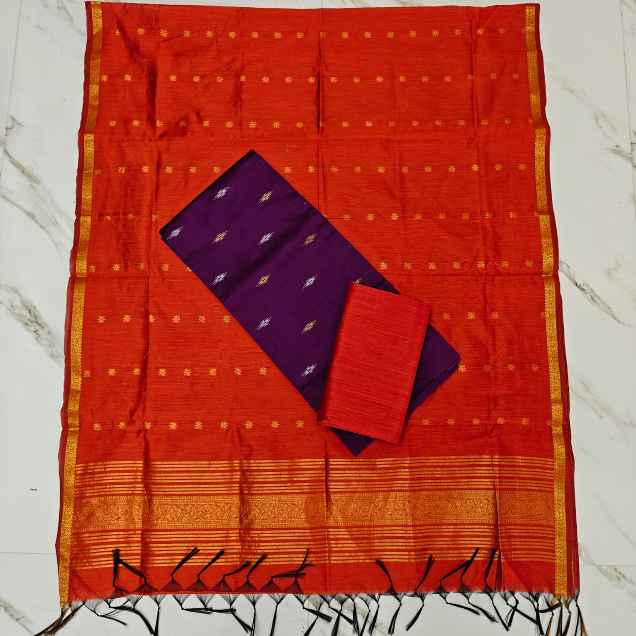 Raw Silk & Jacquard Dupatta Ensemble - Orange & Navy