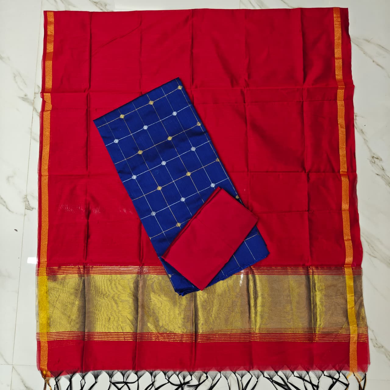 Raw Silk Suit Set with Colourful Zari Border Dupatta - JB08