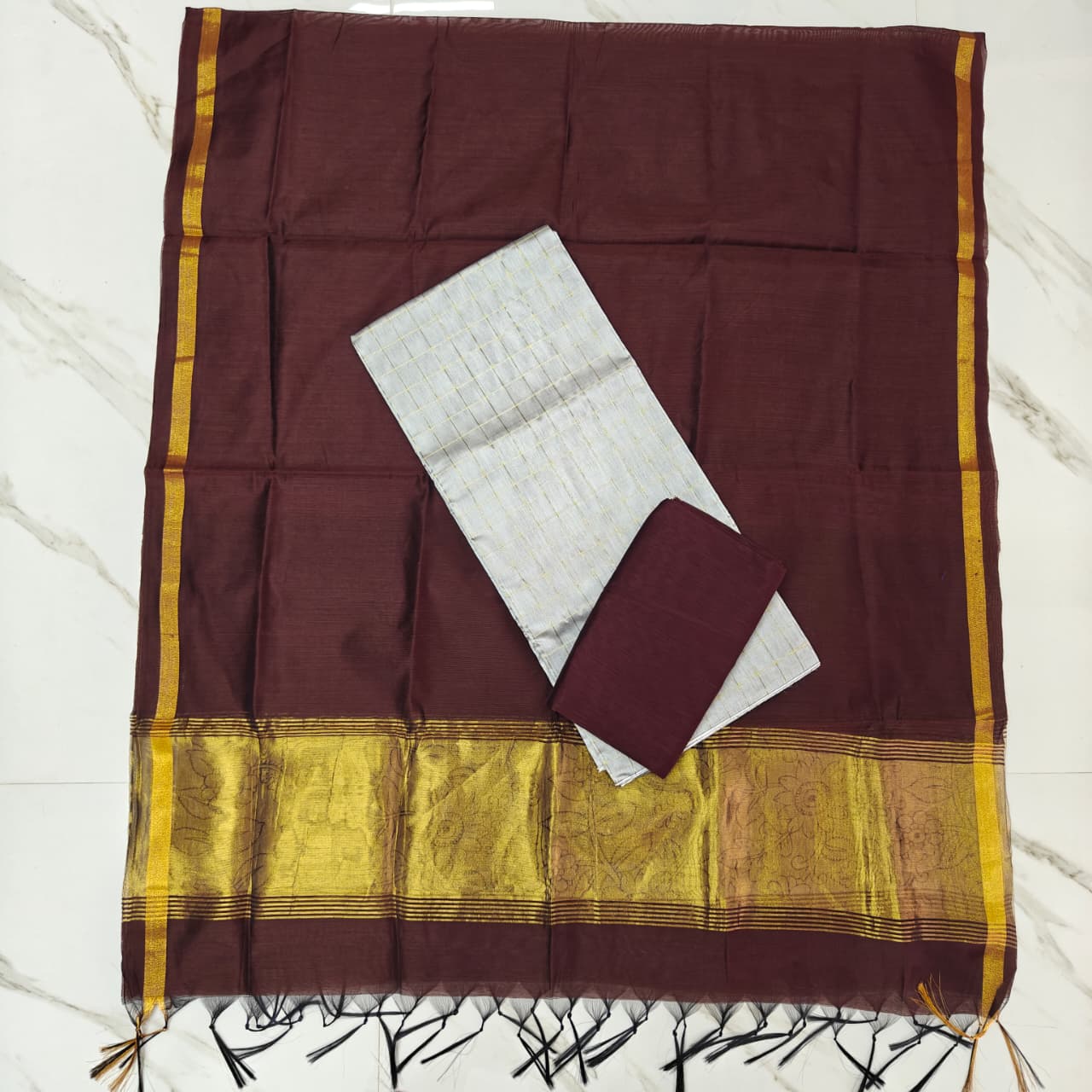 Raw Silk Suit Set with Colourful Zari Border Dupatta - JB05