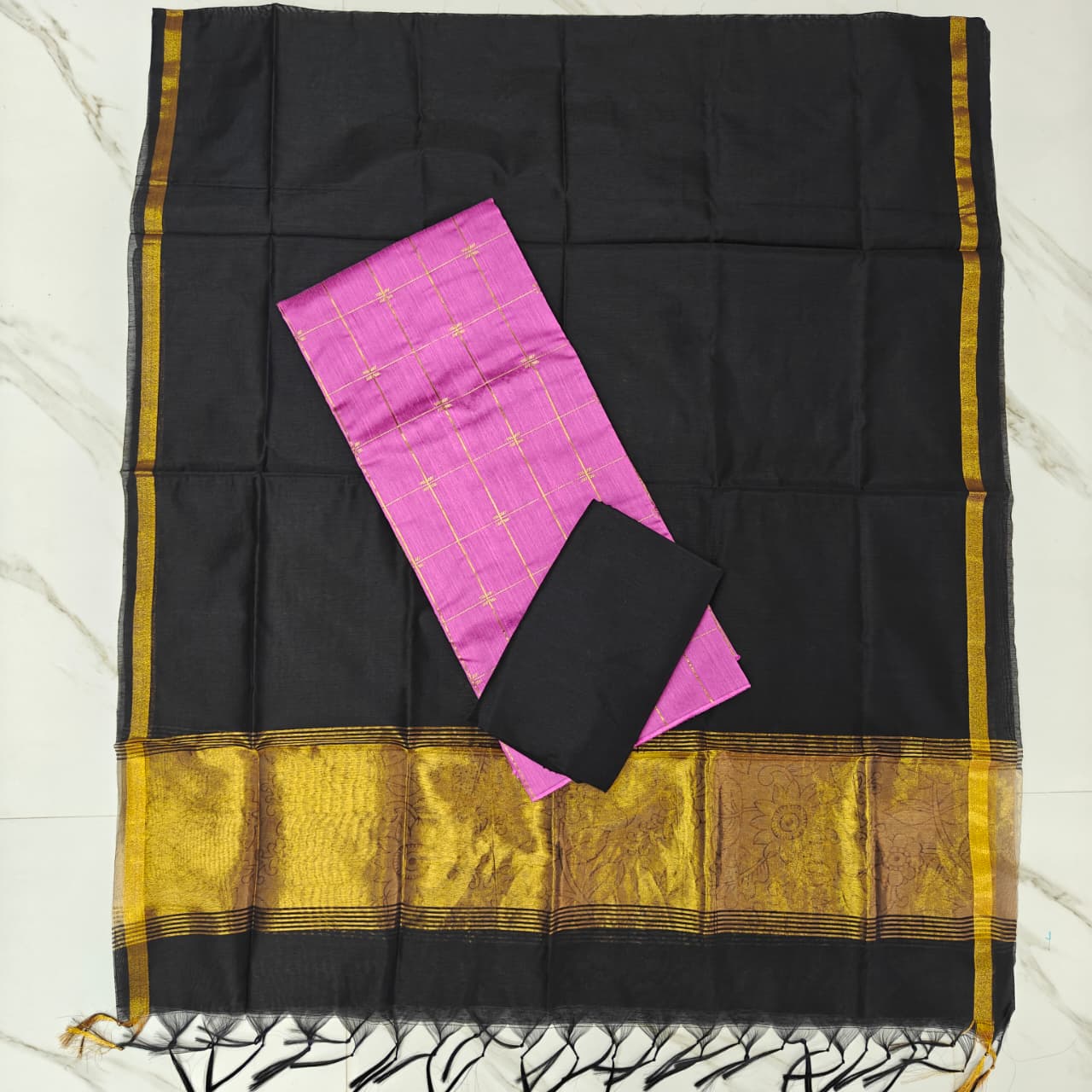 Raw Silk Suit Set with Colourful Zari Border Dupatta - JB04