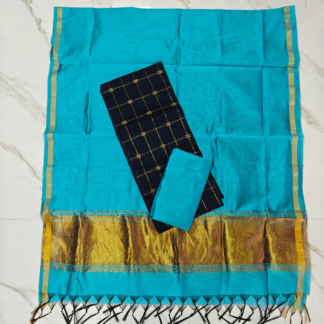 Raw Silk Suit Set with Colourful Zari Border Dupatta - JB01