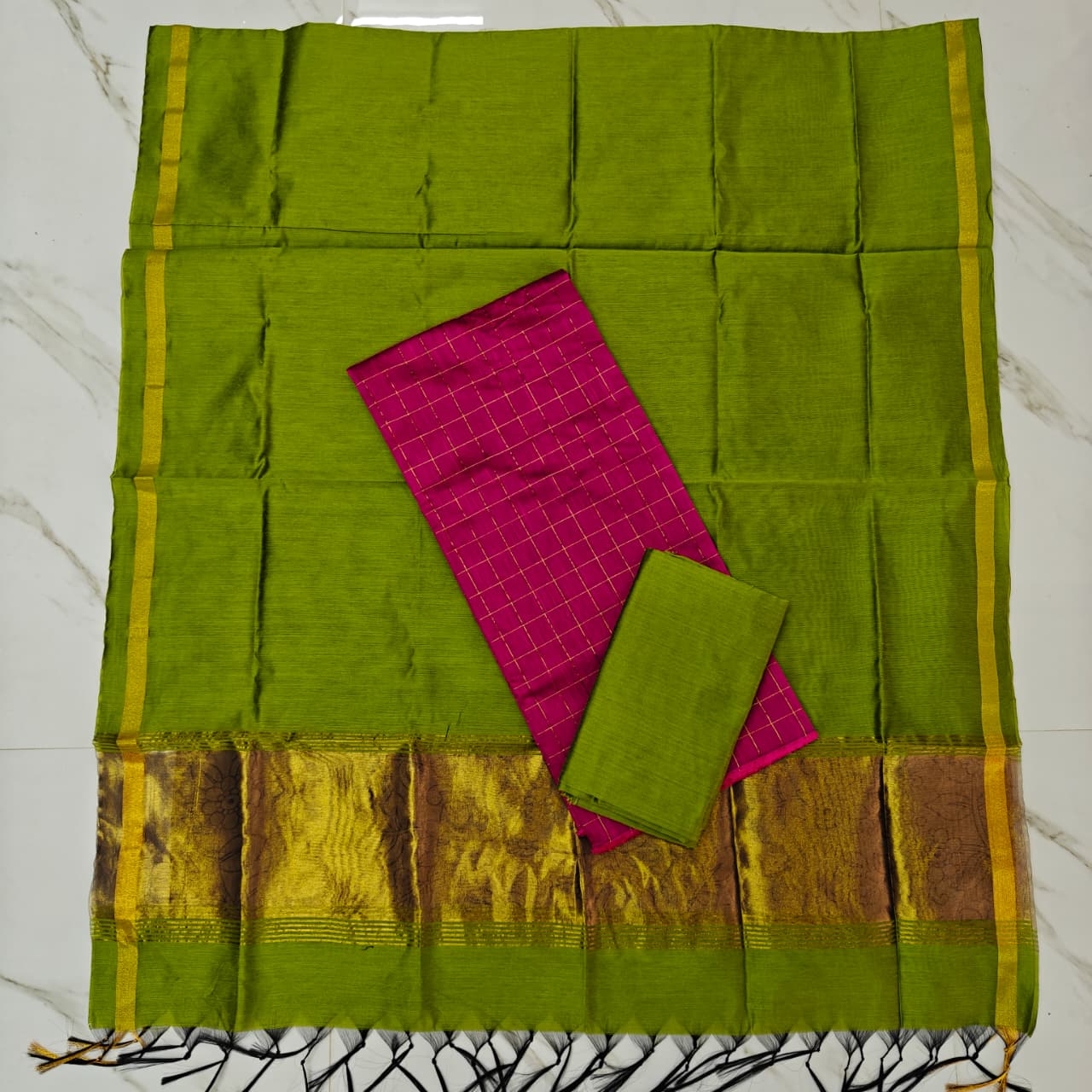 Raw Silk Suit Set with Colourful Zari Border Dupatta - JB02