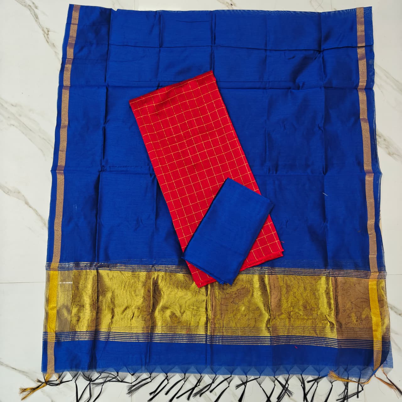 Raw Silk Suit Set with Colourful Zari Border Dupatta - JB03