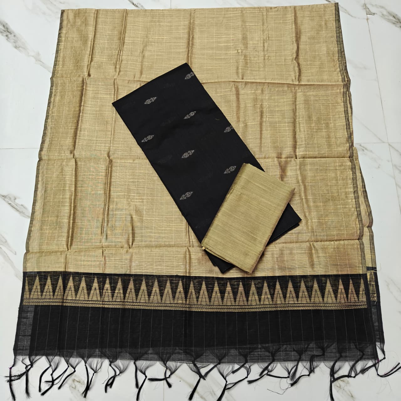 Premium Raw Silk Stripe Dupatta Set - Beige and Black-RT05