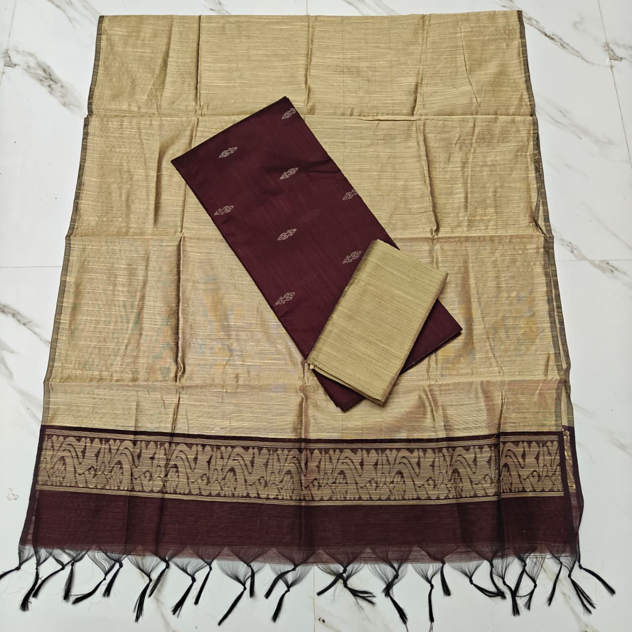 Premium Raw Silk Stripe Dupatta Set - Beige and Brown-RT01