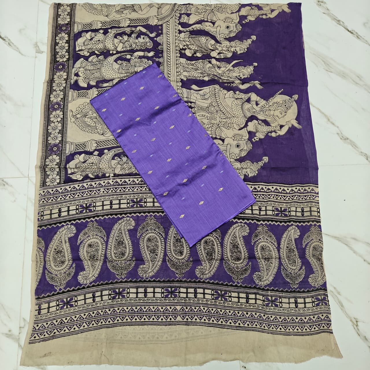 Unstitched Raw Silk Salwar Suit Material with Kalamkari Cotton Dupatta-KM01
