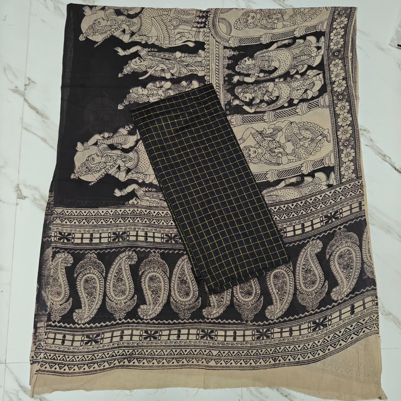 Unstitched Raw Silk Salwar Suit Material with Kalamkari Cotton Dupatta-KM02