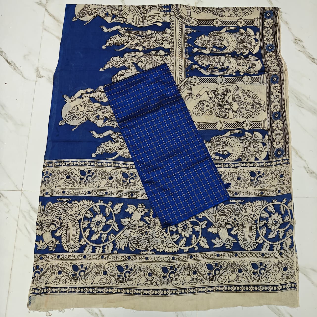 Unstitched Raw Silk Salwar Suit Material with Kalamkari Cotton Dupatta-KM03