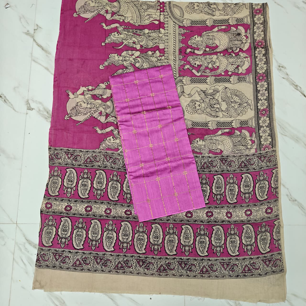 Unstitched Raw Silk Salwar Suit Material with Kalamkari Cotton Dupatta-KM04