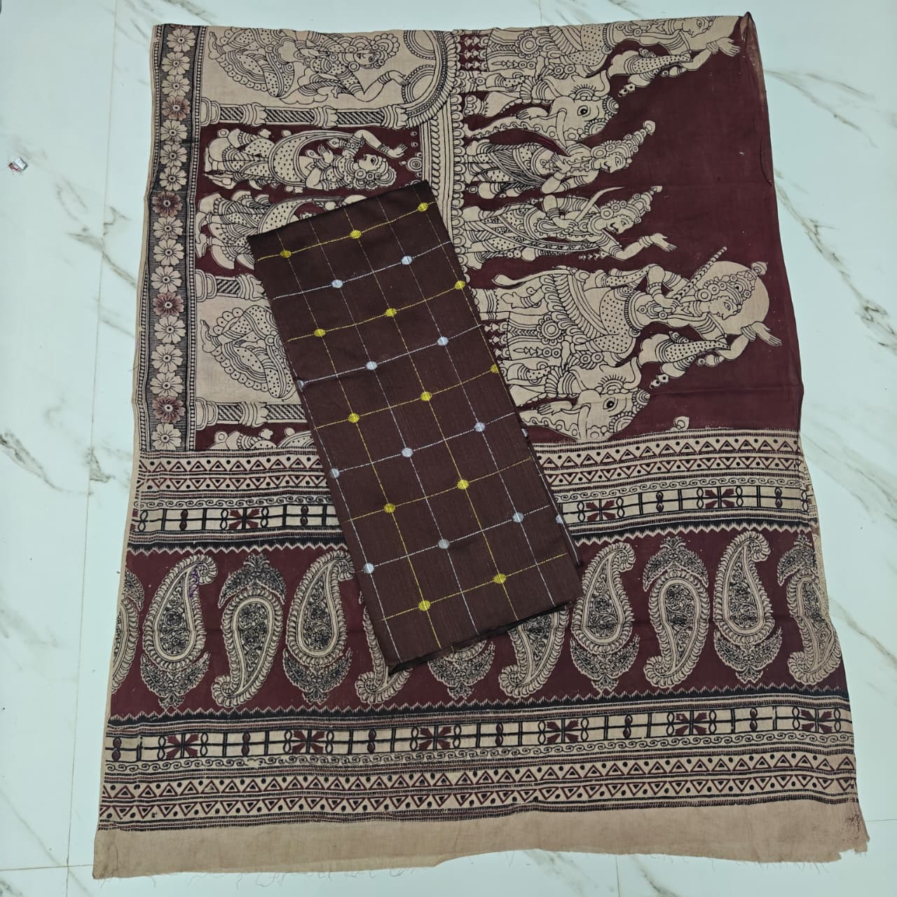 Unstitched Raw Silk Salwar Suit Material with Kalamkari Cotton Dupatta-KM05