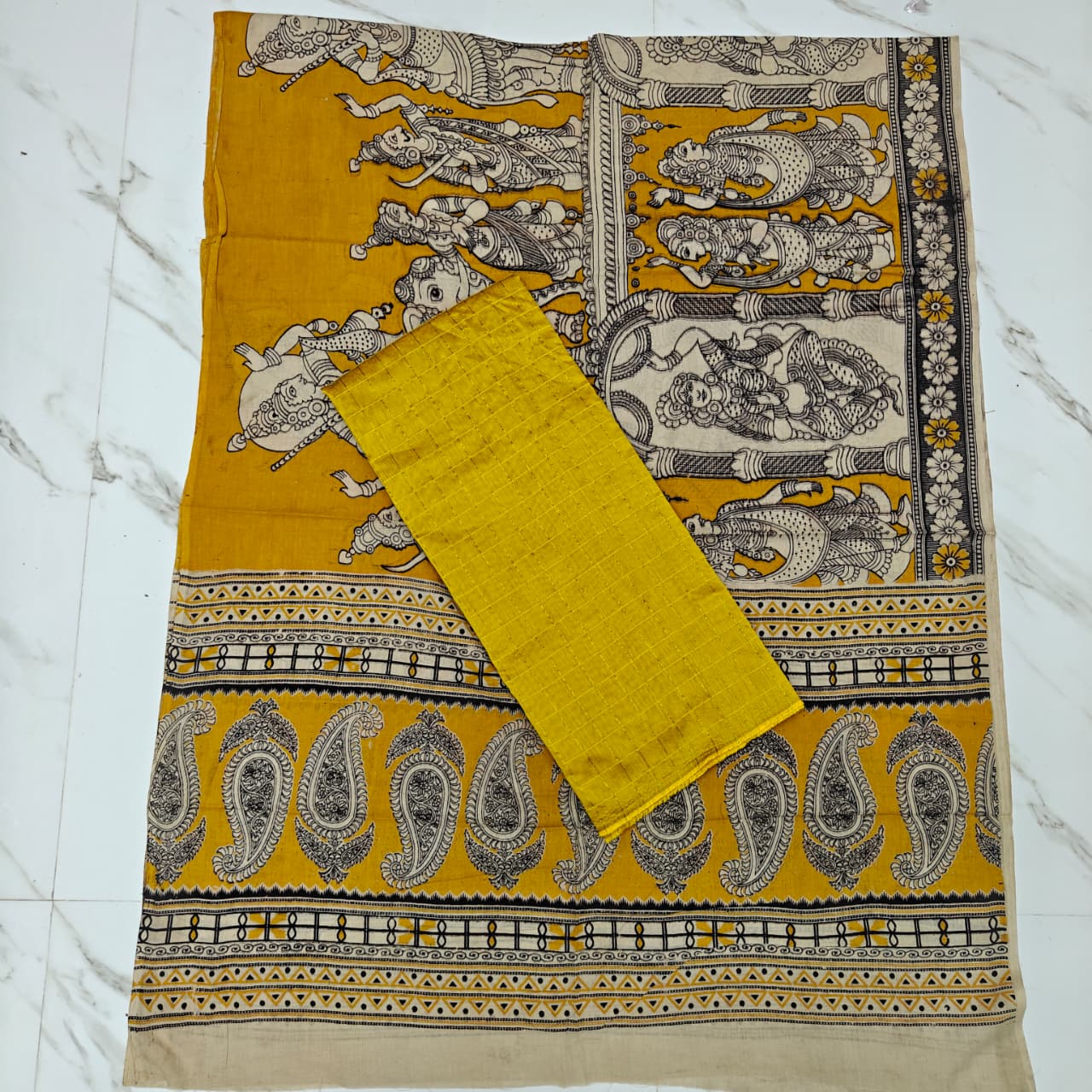 Unstitched Raw Silk Salwar Suit Material with Kalamkari Cotton Dupatta-KM06