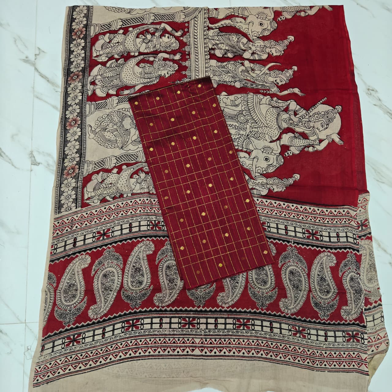 Unstitched Raw Silk Salwar Suit Material with Kalamkari Cotton Dupatta-KM08