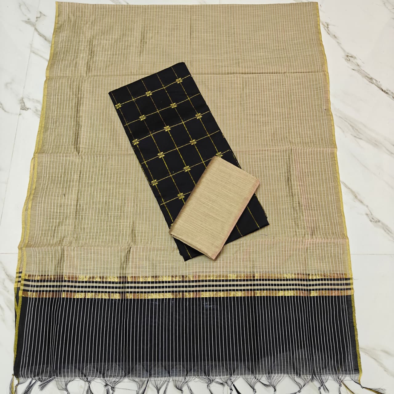 RAW SILK Small Stripe Duppata Set - Black