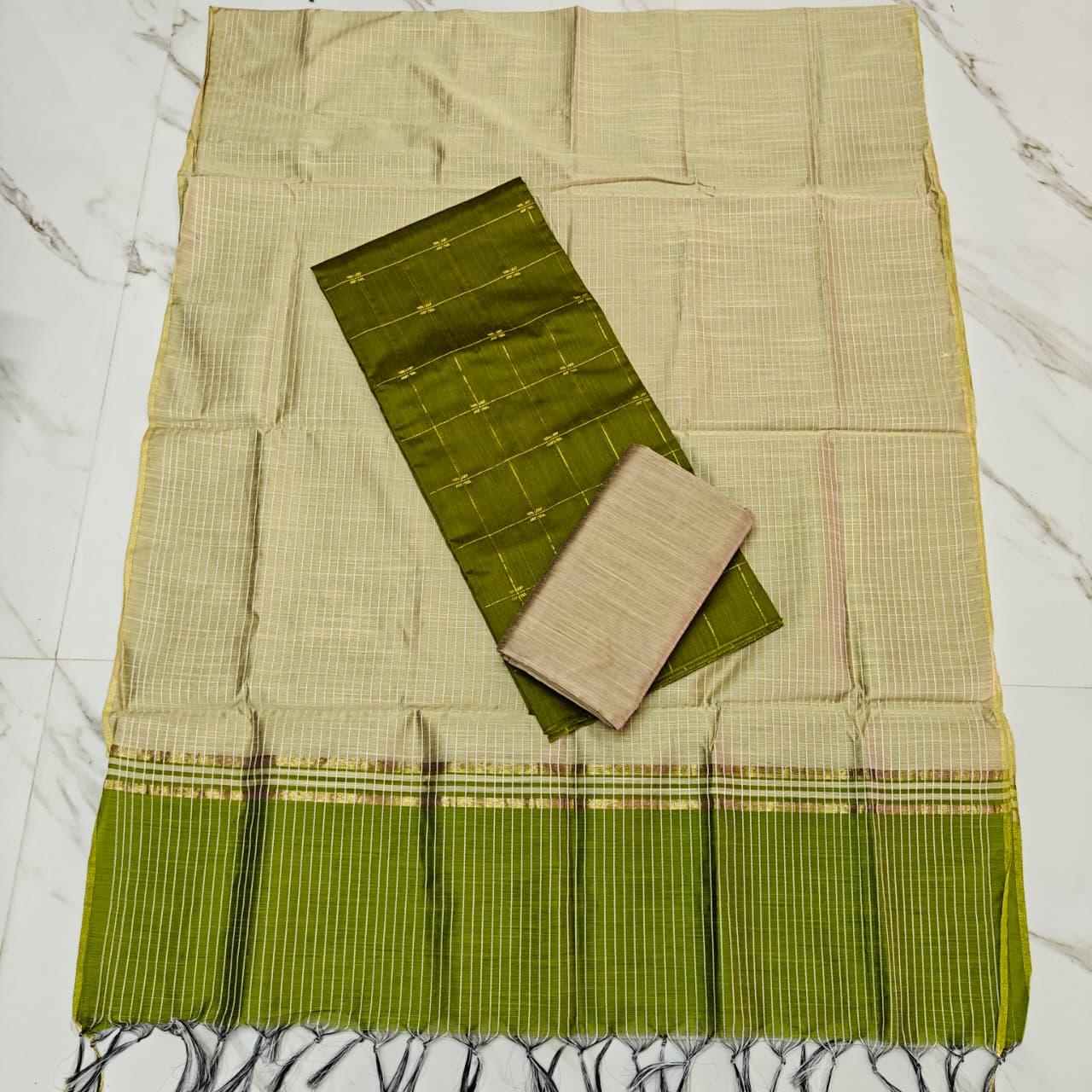 RAW SILK Small Stripe Duppata Set - olive green