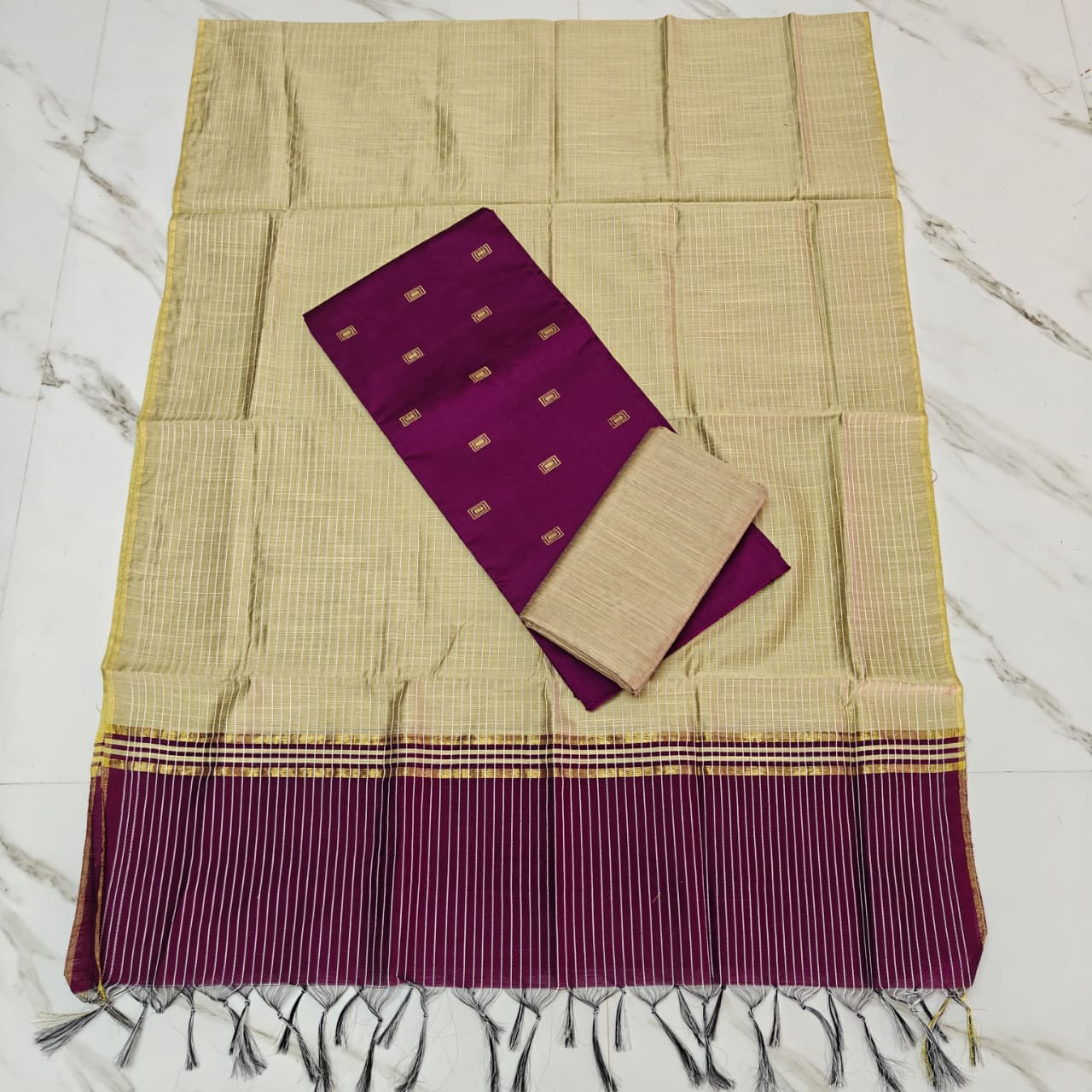 RAW SILK Small Stripe Duppata Set - wine