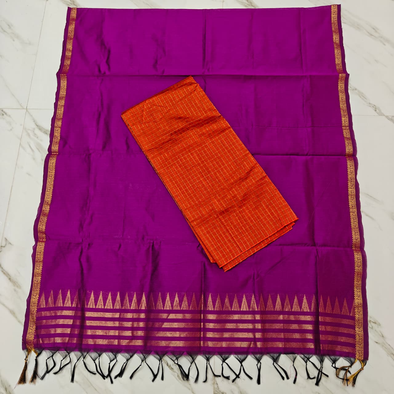 Raw Silk Top with Temple Border Shining Dupatta - TS01