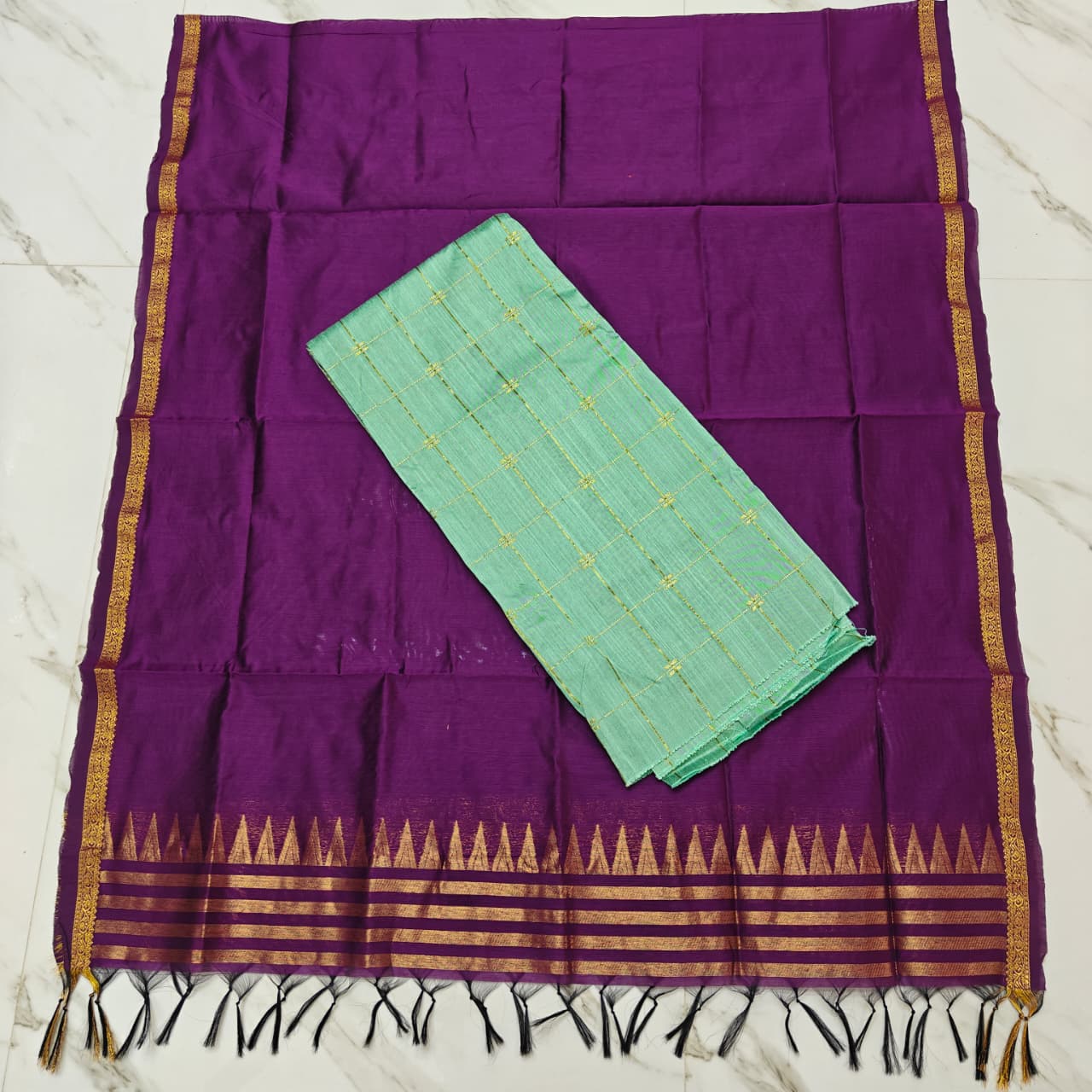 Raw Silk Top with Temple Border Shining Dupatta - TS04