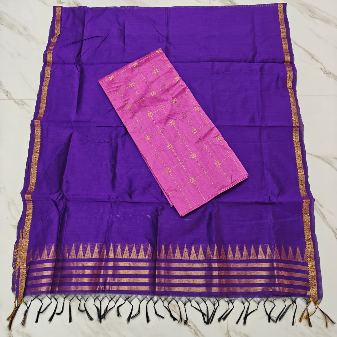 Raw Silk Top with Temple Border Shining Dupatta - TS07