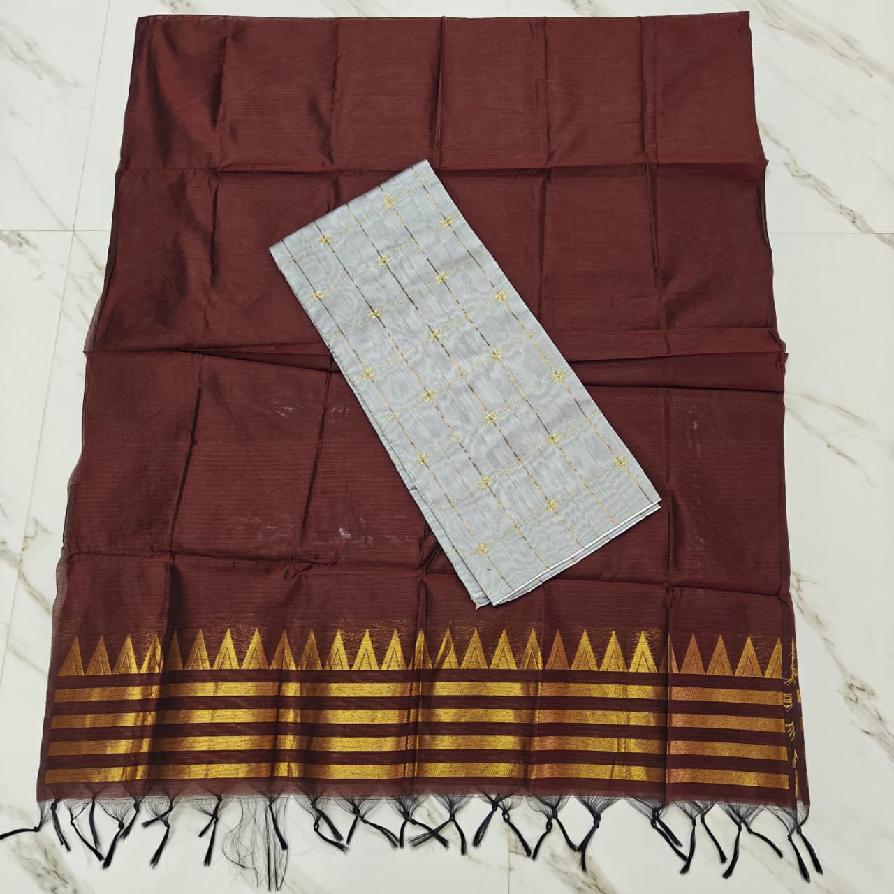 Raw Silk Top with Temple Border Shining Dupatta - TS06