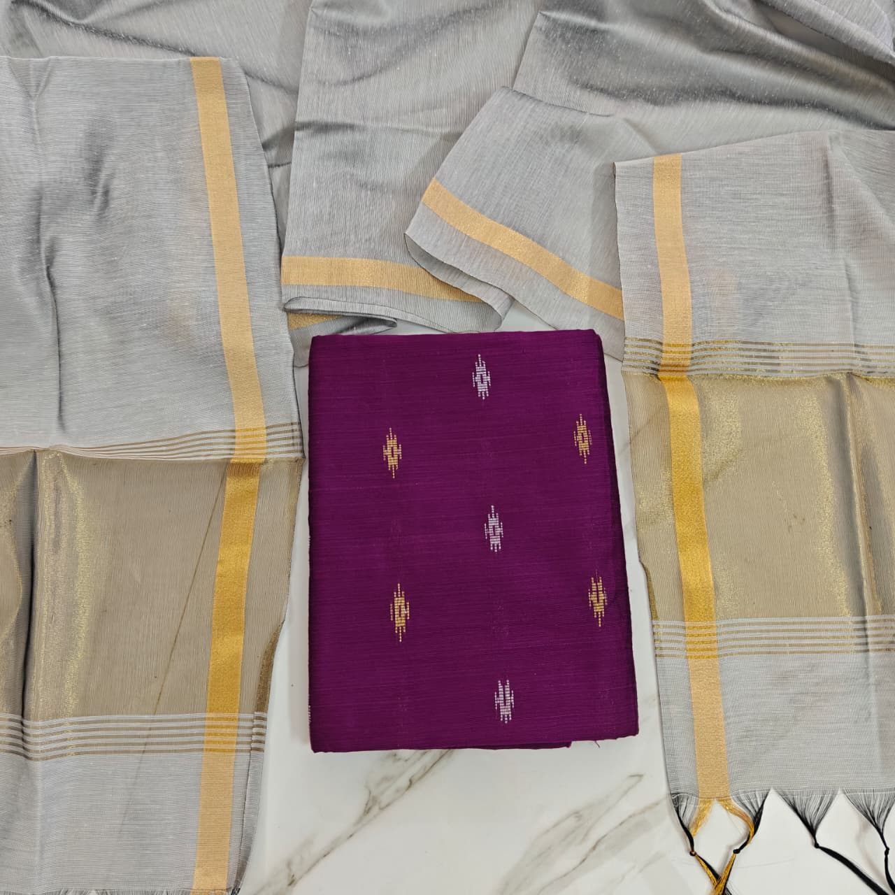 Raw Silk Jari Border Dupatta Set - ZB02