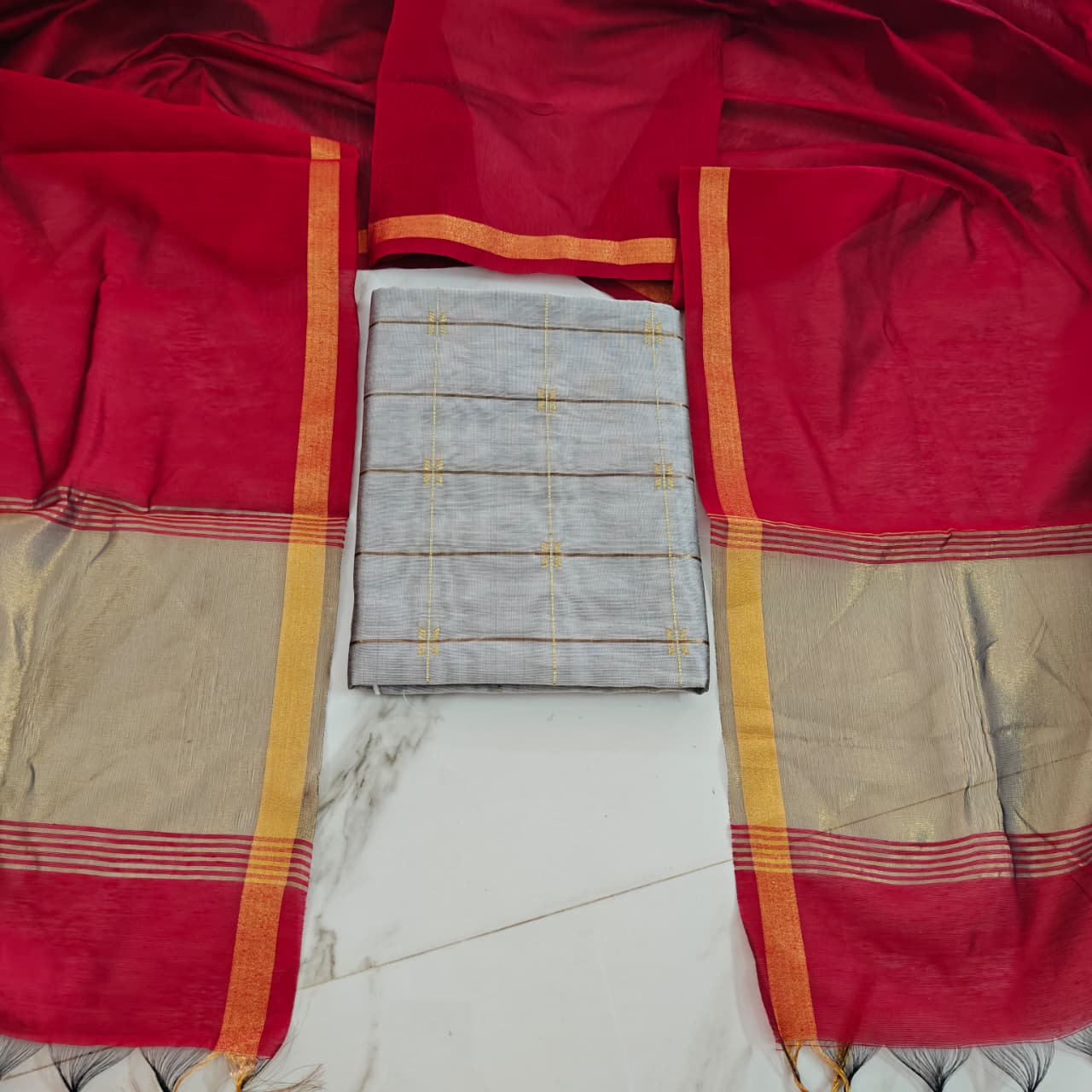 Raw Silk Jari Border Dupatta Set - ZB10