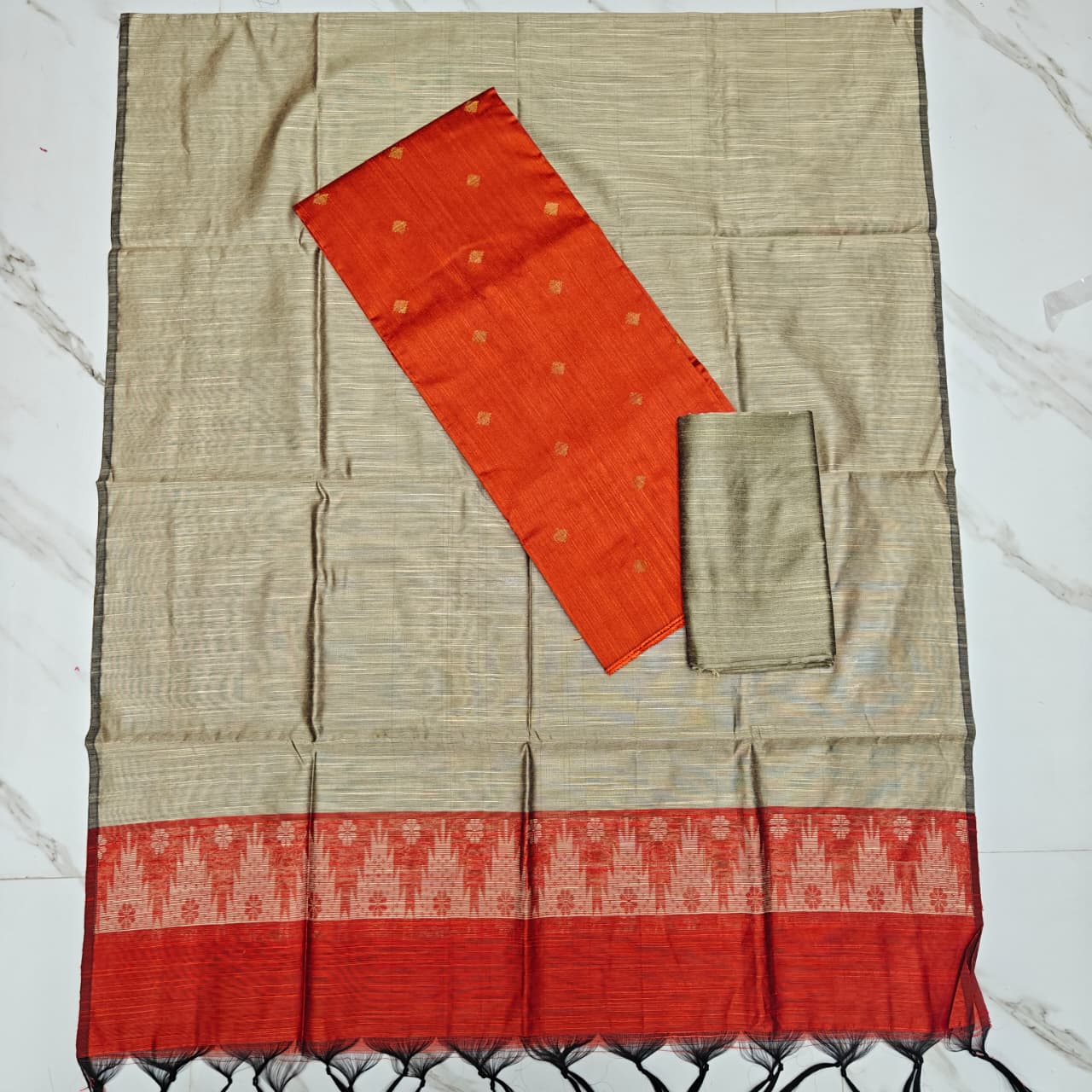 Premium Raw Silk Stripe Dupatta Set - Beige and Orange