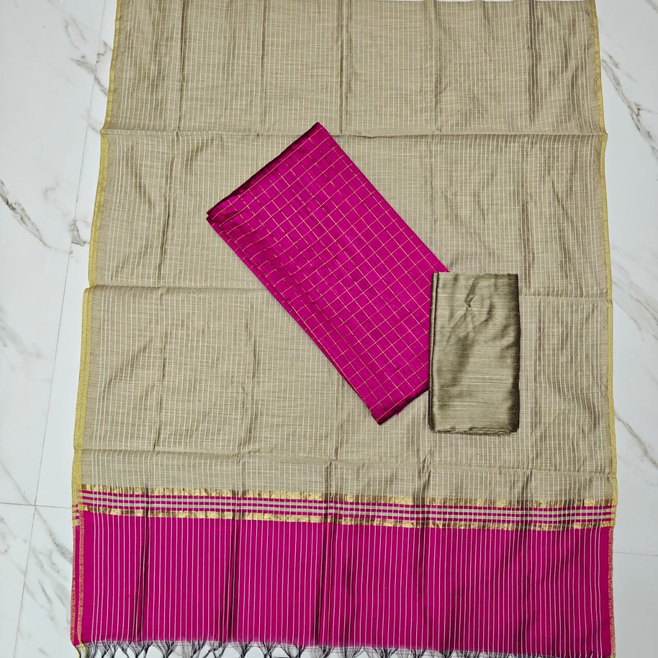 RAW SILK Small Stripe Duppata Set - ranipink