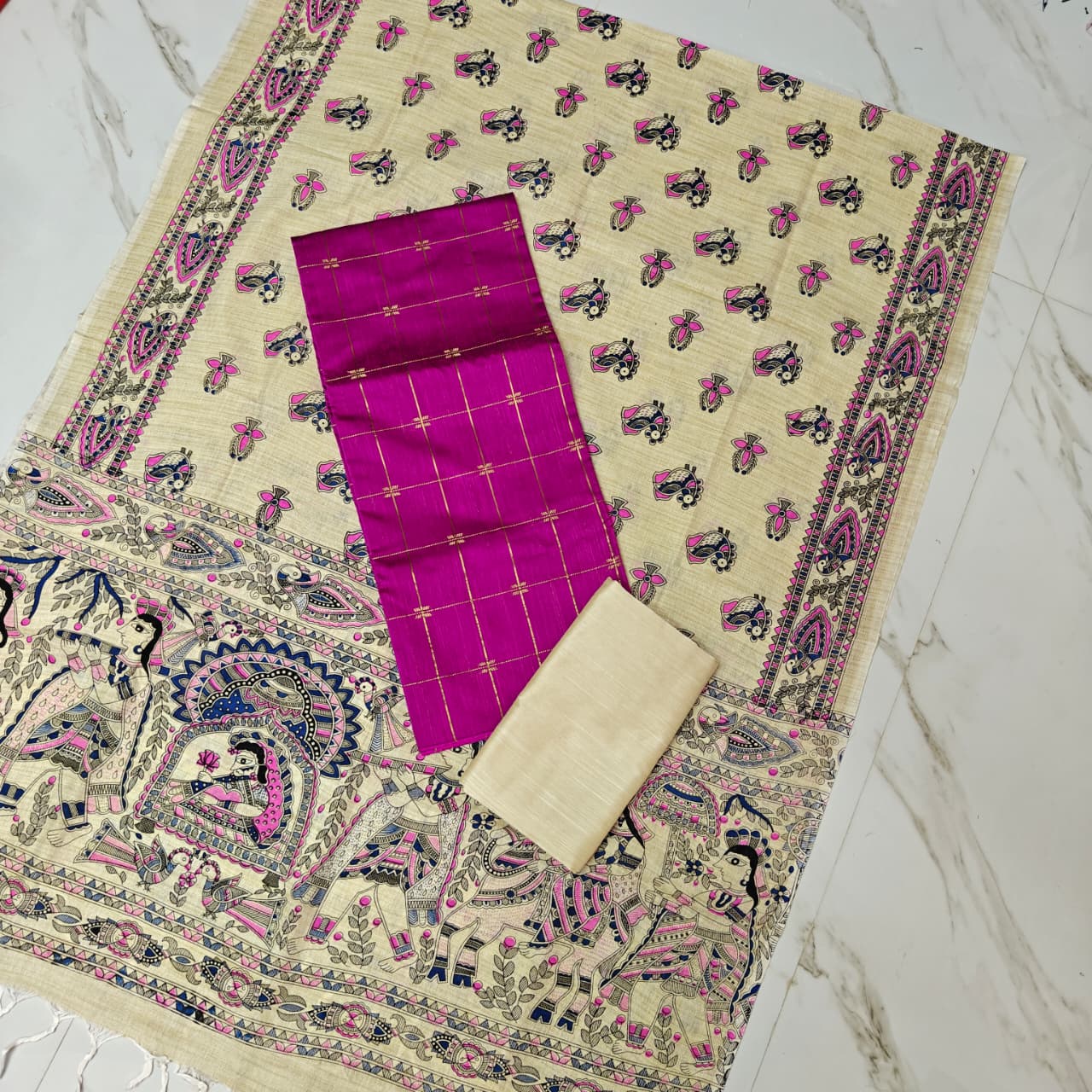 Madhubani Dupatta & Raw Silk Set - MD02
