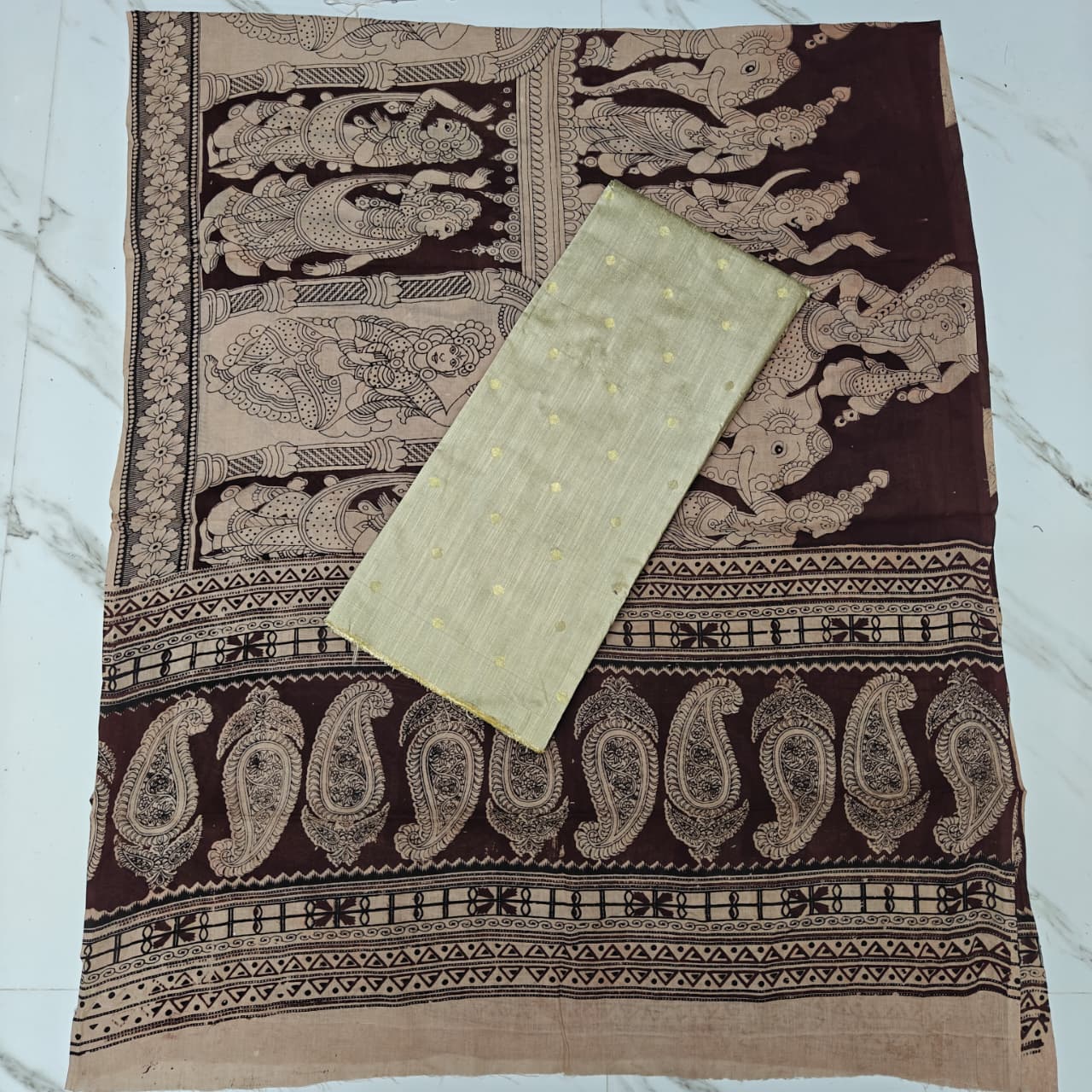 Unstitched Raw Silk Salwar Suit Material with Kalamkari Cotton Dupatta-KM05