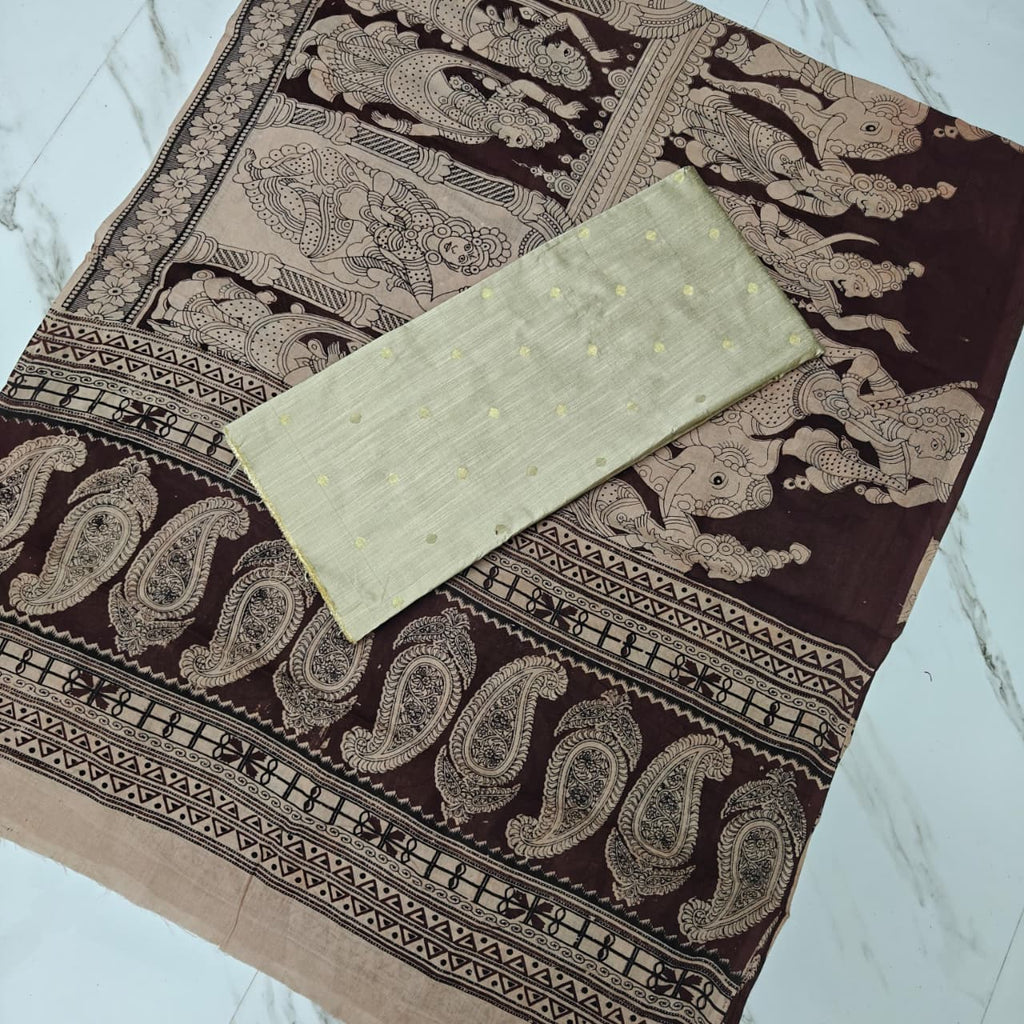 Unstitched Raw Silk Salwar Suit Material with Kalamkari Cotton Dupatta-KM05