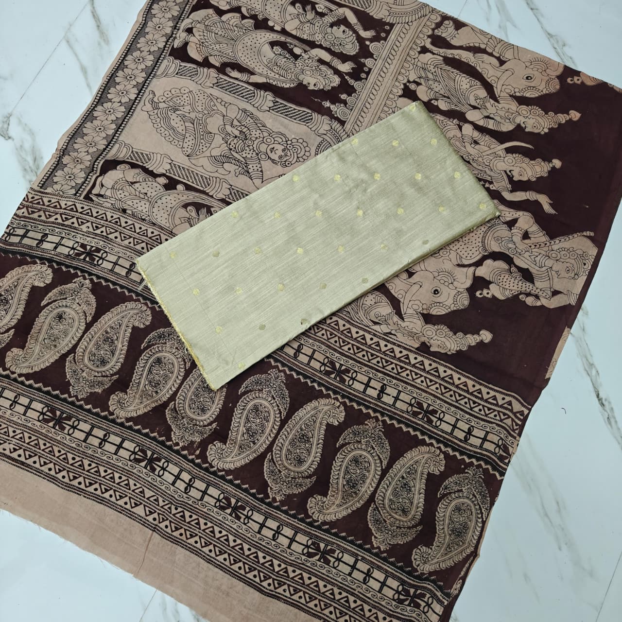 Unstitched Raw Silk Salwar Suit Material with Kalamkari Cotton Dupatta-KM05