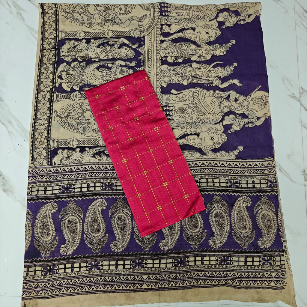 Unstitched Raw Silk Salwar Suit Material with Kalamkari Cotton Dupatta-KM01