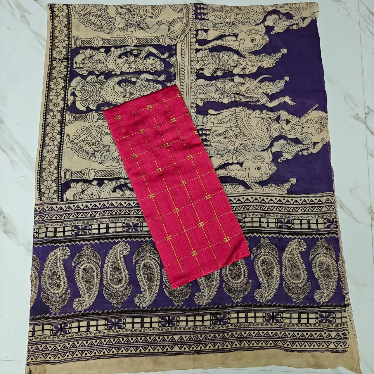 Unstitched Raw Silk Salwar Suit Material with Kalamkari Cotton Dupatta-KM01