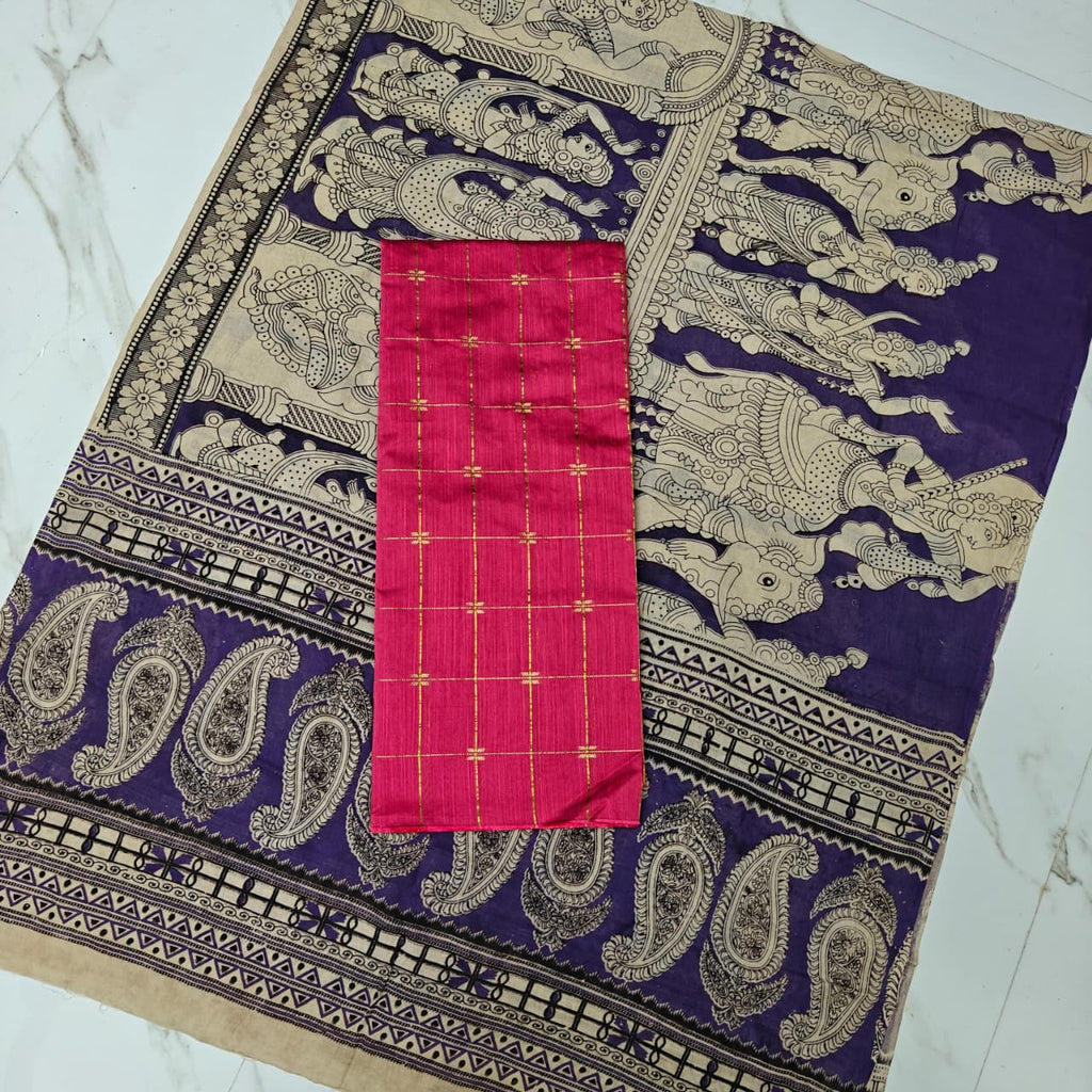 Unstitched Raw Silk Salwar Suit Material with Kalamkari Cotton Dupatta-KM01