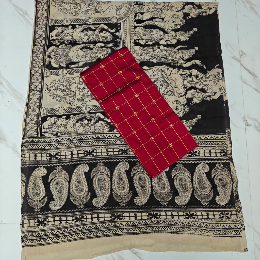 Unstitched Raw Silk Salwar Suit Material with Kalamkari Cotton Dupatta-KM02