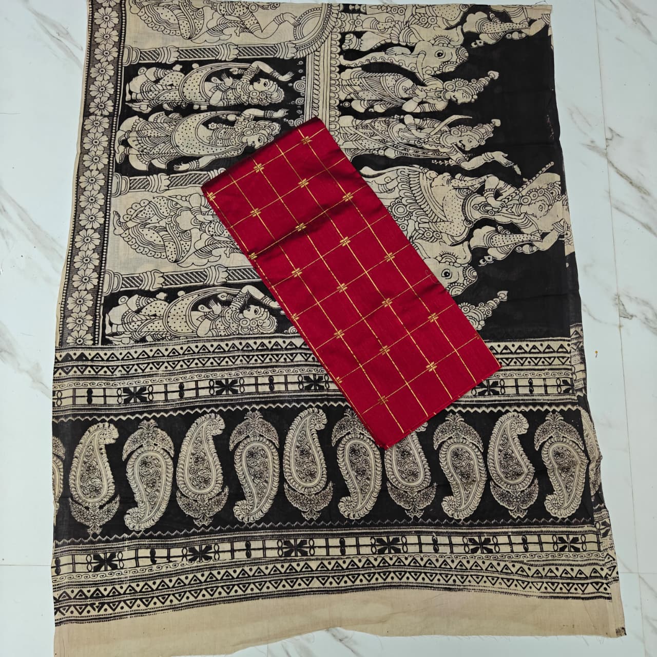 Unstitched Raw Silk Salwar Suit Material with Kalamkari Cotton Dupatta-KM02