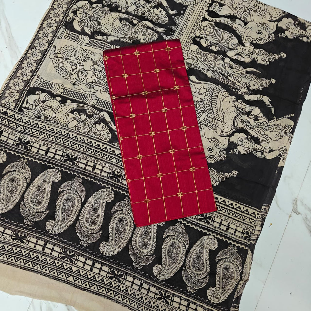 Unstitched Raw Silk Salwar Suit Material with Kalamkari Cotton Dupatta-KM02
