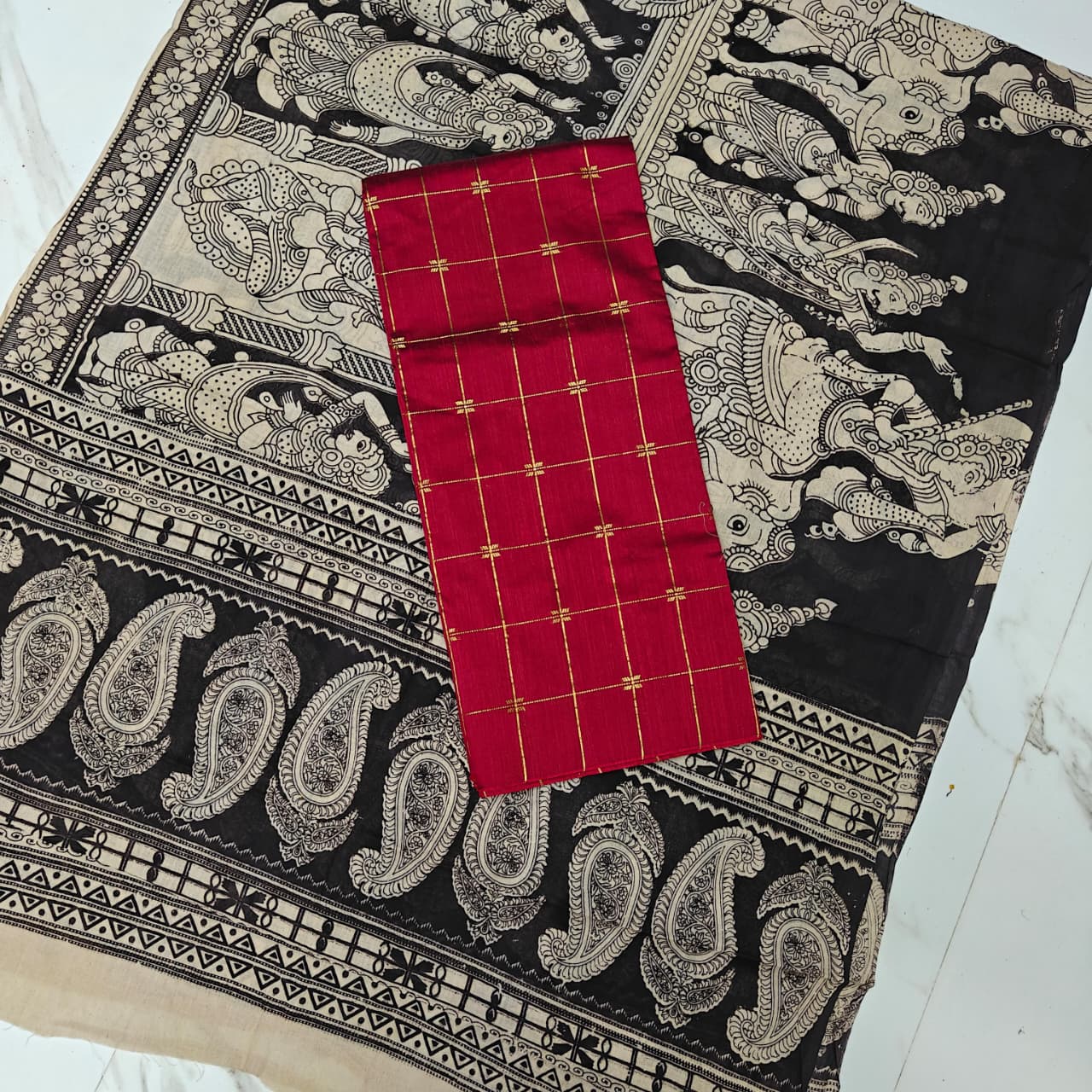 Unstitched Raw Silk Salwar Suit Material with Kalamkari Cotton Dupatta-KM02
