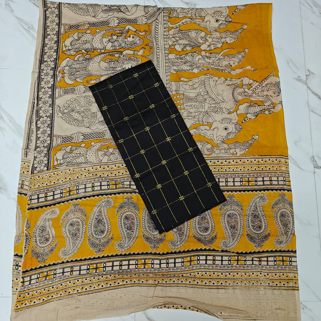 Unstitched Raw Silk Salwar Suit Material with Kalamkari Cotton Dupatta-KM06